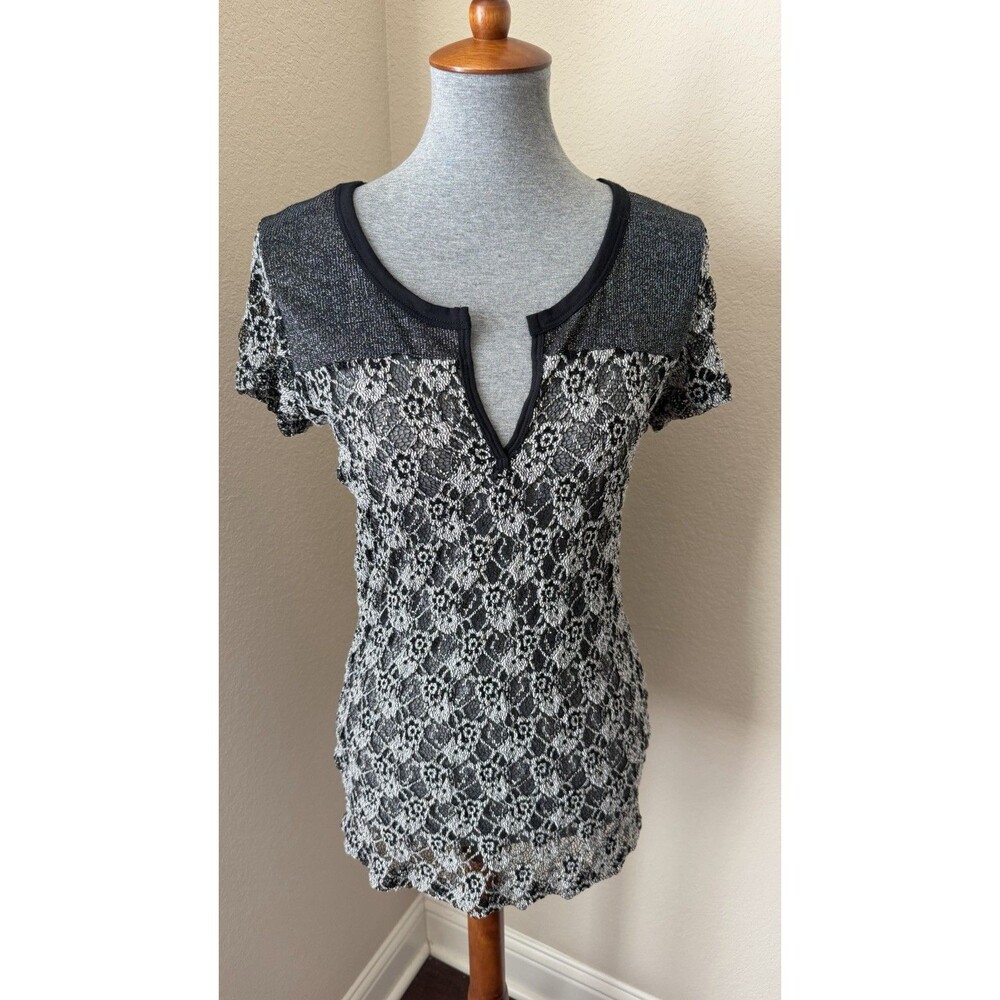 BKE Women's Size XL Black White Silver Metallic Lace V-Neck Y2K Grunge Sheer Top
